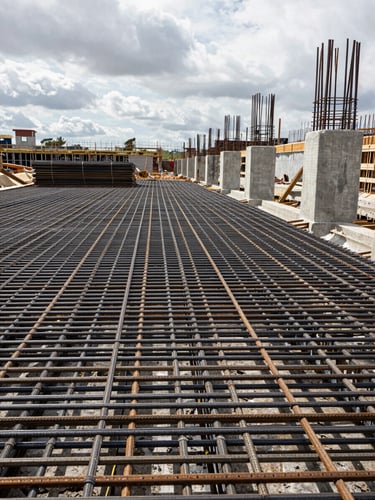 Wide environmental shot of construction site at overcast daylight, precisely aligned rebar grid filling the foreground, concrete formwork panels receding to the right, no workers visible, material texture sharp and documentary
