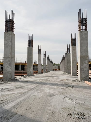 Wide environmental shot of a construction site interior under soft overcast daylight — aligned concrete formwork columns receding into depth, rebar ties visible at mid-ground, fresh concrete surface in foreground showing tool marks, no workers present, high spatial order