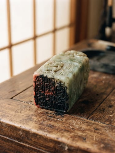 Macro photograph of a hand-carved jade seal stone on a warm wooden desk, soft natural side-light through a paper screen, ink residue on the tip, dust particles in the air, 35mm editorial.