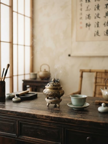 Serene Taiwanese tea-house interior, a wooden scholar's desk with a brass incense burner, soft natural side-light filtering through paper screens, elegant calligraphy hanging on the wall, shallow depth of field, warm cream tones.