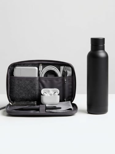 Bright high-key product photography of a curated tech organizer and sleek water bottle on a clean neutral studio backdrop, crisp even lighting, sharp focus.