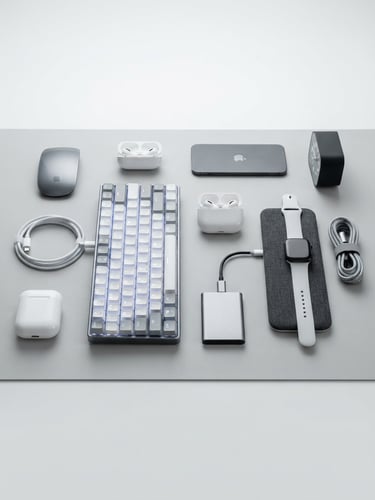 Bright high-key studio product shot of minimalist tech accessories arranged neatly on a clean gray surface, sharp focus, natural shadows.