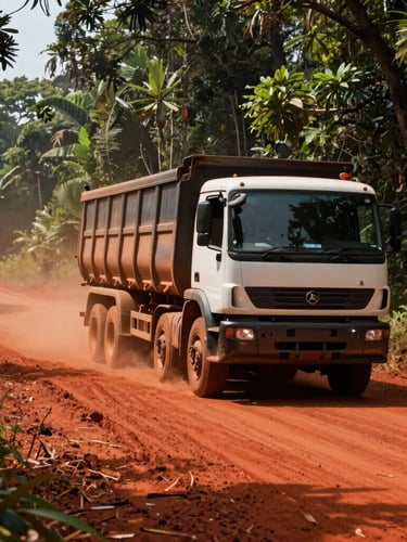A heavy transport truck moving on a vibrant red dirt road in the Bafia forest, high-contrast natural Cameroonian sunlight filtering through the canopy, dust kicking up behind the wheels.