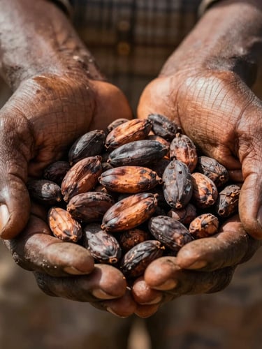 Macro close-up of raw, rich brown fermented cocoa beans cradled in the weathered hands of a Cameroonian farmer, bright natural sunlight highlighting the texture