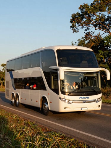 Warm editorial travel photo of a modern high-comfort bus on a scenic road in Paraná, golden hour lighting, 35mm lens.