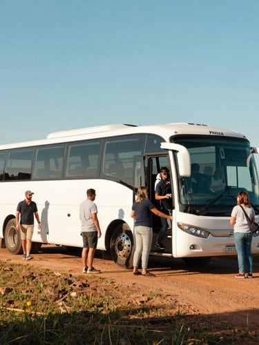 Wide shot of a clean, modern white tourist bus parked near a scenic overlook in Paraná, bright daylight, candid travelers boarding.