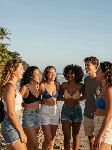 Warm editorial travel photography of a happy group of diverse travelers laughing together on a sunlit coastline in Paraná, golden-hour natural light, 35mm lens.