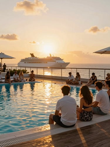 A luxury cruise ship deck at sunset, warm golden light reflecting on the swimming pool, ocean horizon in the background.