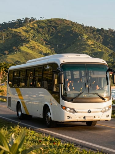 A clean modern passenger bus driving along a scenic coastal highway in Paraná under bright golden-hour daylight, lush green hills in the background, warm tones.