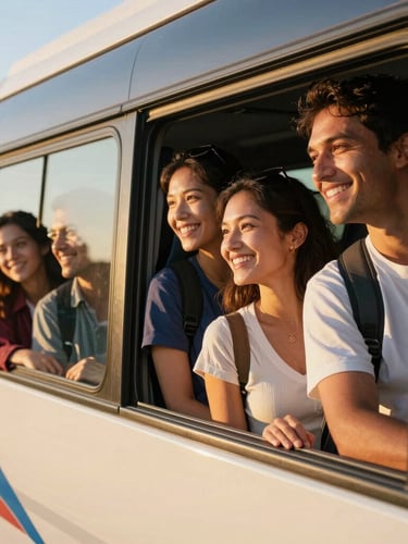 A group of smiling travelers of mixed ages looking out of a modern bus window, warm golden-hour sunlight casting a soft glow, vibrant tones, 35mm lens editorial style.