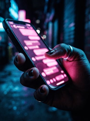 Extreme close-up of a hand holding a glowing smartphone displaying a blurred pink chat interface, dramatic neon blue gel backlighting, high contrast, moody urban atmosphere, 35mm lens