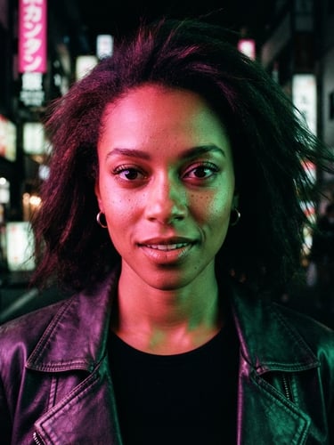 Close-up portrait of an expressive young woman under high-contrast pink and green neon lighting, looking directly at the camera, dark urban background, 35mm lens