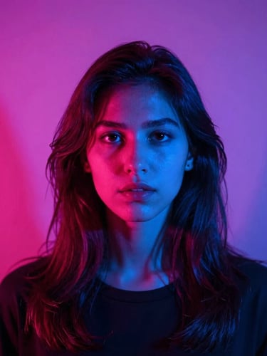 A highly stylized, suggestive portrait of a woman in shadow, illuminated by strong neon pink and electric blue gel lights, dramatic contrast, moody atmosphere, 35mm lens, slightly blurred foreground