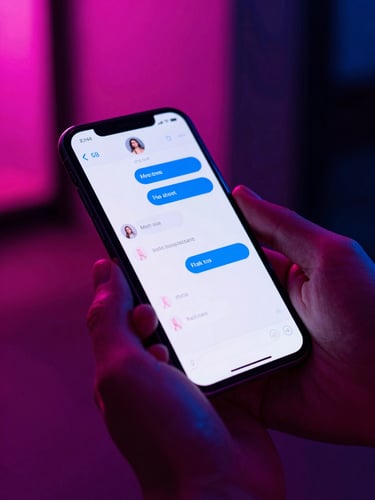 Dynamic close-up of hands holding a smartphone displaying an active chat interface, vibrant neon pink and electric blue reflections on the screen, dark moody urban background, high contrast shadows.