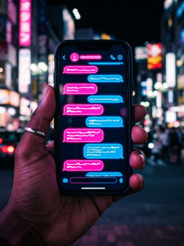 Close-up of a hand holding a smartphone displaying vibrant pink and blue chat bubbles, neon-lit urban background, high contrast, 35mm lens