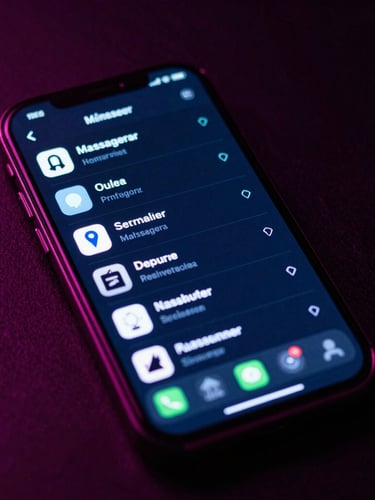 Gros plan sur un smartphone affichant une interface de messagerie instantanée lumineuse, éclairage néon rose et vert électrique, fond sombre