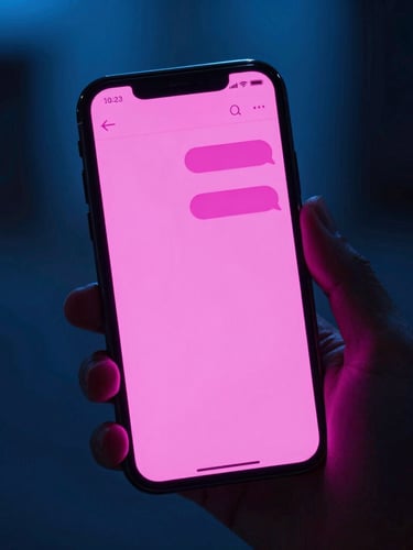 Close-up of a hand holding a smartphone with a glowing neon pink chat interface, dark moody background with electric blue backlighting, high contrast, 35mm lens