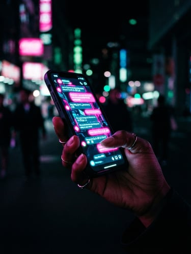 Close-up of a hand holding a smartphone with a glowing neon chat screen, intense pink and green ambient lighting, dark background, 35mm lens