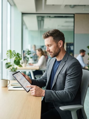 Wide shot of a focused male entrepreneur in a modern, bright office, looking at financial data on a tablet with a calm expression. Natural daylight, soft green and blue tones, shallow depth of field.
