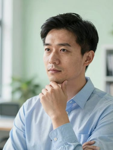 Close-up portrait of a thoughtful financial consultant, mid-30s, looking slightly off-camera, in a bright modern office, natural daylight, soft focus background, conveying trustworthiness and approachability. Green and blue tones.
