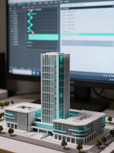 Extreme close-up of a high-end modern architectural model next to a clean computer screen displaying node-based automation flows, cool-toned lighting, 35mm