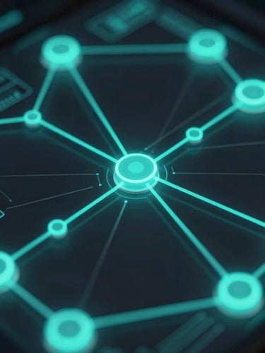 Extreme close-up of a high-tech node-based automation interface, glowing teal connection lines, dark background, sleek technical schematics, 35mm