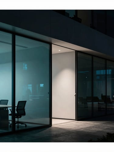 Sleek modern architectural office with cool-toned ambient light, sharp teal accents reflecting on glass partitions, deep shadows, 35mm