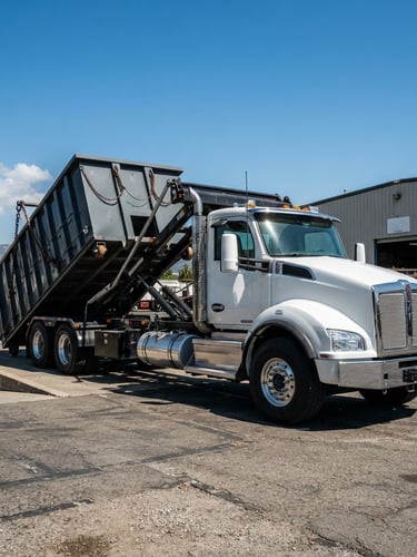 Low-angle hero shot of a clean branded steel roll-off dumpster delivery truck under bright direct California sunlight, sharp focus, 35mm lens