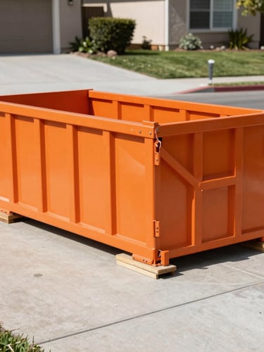 A clean orange steel dumpster placed precisely on wooden protective boards on a concrete residential driveway, bright California sunlight, sharp focus