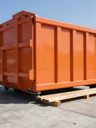 Low-angle shot of a clean orange roll-off dumpster being carefully lowered onto protective wooden planks on a concrete driveway, bright California sun, sharp shadows