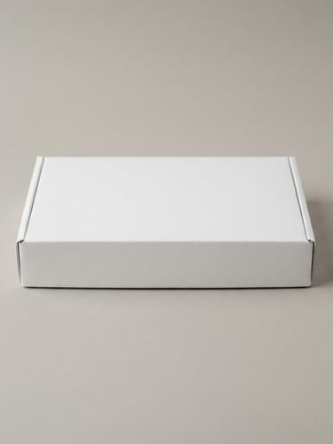Minimalist packaging mockup of a premium product box on a clean, warm light gray background, diffused studio lighting, soft subtle shadows, architectural corporate style
