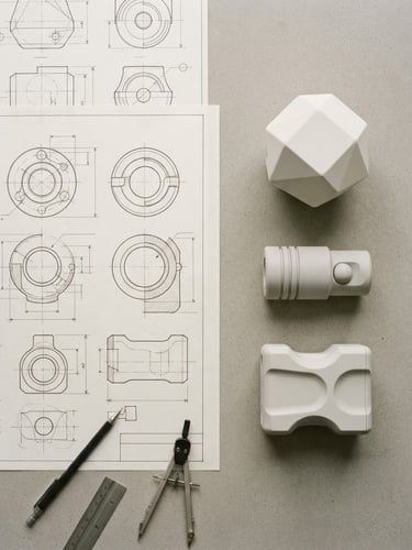 A minimalist overhead flat-lay of technical blueprint sketches and neutral geometric product prototypes on a clean workspace, diffused studio light, 35mm