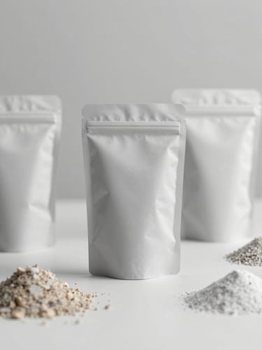 Macro shot of raw materials and clean unbranded packaging mockups in a bright, minimalist industrial design workshop, 35mm, soft diffused lighting