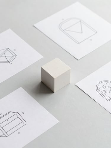 Overhead flat-lay of minimalist geometric product prototypes and design sketches on a clean light gray workspace, soft natural studio light