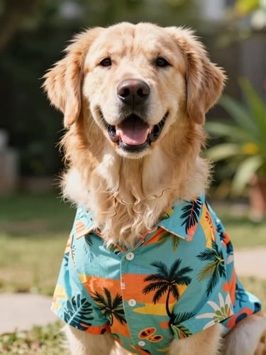 Bright natural light photography of a happy Golden Retriever wearing a colorful tropical print shirt, eye-level medium shot, sunny garden background, 35mm