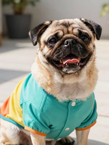 Bright natural light photography, a happy pug wearing a custom-fit colorful teal shirt, sitting on a sunny patio, eye-level close-up showing perfect stitching, 35mm