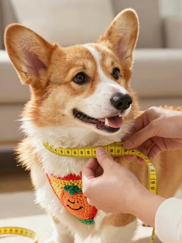 Bright natural light photography, hands gently measuring a fluffy corgi's chest with a yellow tape measure, warm sunny living room, close-up, 35mm