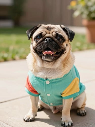 A happy pug wearing a colorful handmade teal shirt sitting on a sunny patio, looking up curiously, warm daylight, 35mm