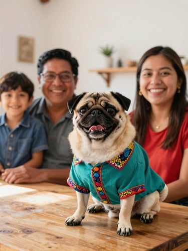 Eye-level medium shot of a happy Mexican family in a bright Celaya workshop, a smiling pug wearing a colorful handmade teal shirt sitting on the wooden worktable, warm natural daylight, 35mm