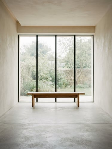 Straight-on architectural elevation of a quiet minimalist residential sanctuary, plaster walls, low oak bench, soft natural daylight.