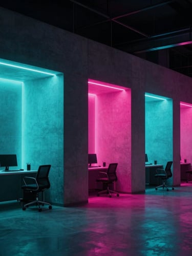 Asymmetric architectural crop of a high-contrast creative agency workspace at night, low-key dramatic studio lighting with vibrant neon cyan and hot magenta rim-lights casting deep shadows on sleek concrete walls, 35mm lens, editorial style.