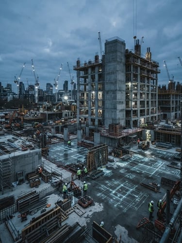 Wide-angle view of a modern construction site at dusk, concrete structures rising, with blueprints subtly overlaid on the ground, cool overcast lighting, desaturated slate tones.