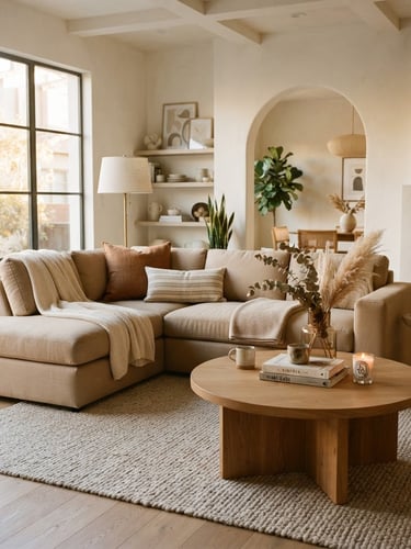 A bright, beautifully styled modern living room with a warm beige linen sectional, oak coffee table, soft golden-hour window light, editorial 35mm photography.