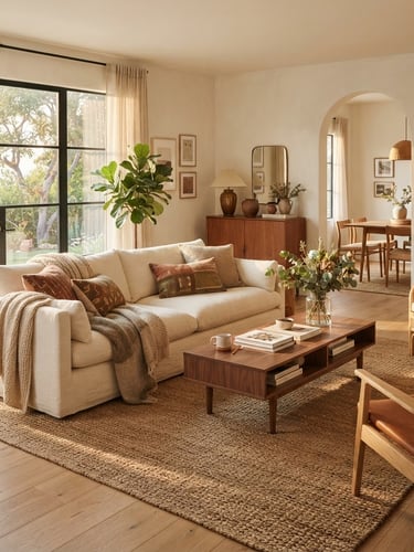 Wide shot of a beautifully styled modern living room with warm natural light, focus on a comfortable sofa, elegant wood furniture, and soft textiles, seen from a slightly elevated angle.