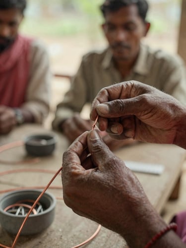 A close-up of rural Indian hands carefully splicing copper wires during a house wiring class, warm natural daylight, authentic village workshop setting.