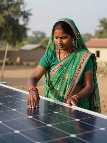 A proud rural Indian woman in a green saree, working on a solar panel installation in Chhattisgarh, warm natural afternoon sunlight, 35mm lens, authentic documentary style.