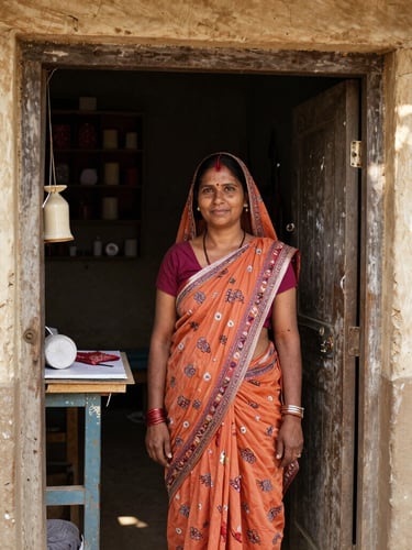 A medium shot of an Indian woman proudly standing in her newly established home tailoring shop, warm sunlight filtering through the doorway.