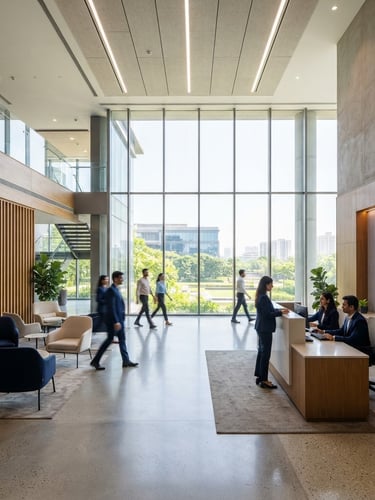 Wide architectural shot of a modern, sunlit office lobby in Gurugram, clean lines, professional atmosphere, natural window light, sharp focus, with a subtle hint of a digital dashboard on a screen in the background, 35mm.