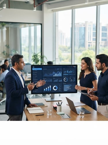 Professional financial advisors collaborating in a modern, sunlit office in Gurugram, digital dashboard visible on a large monitor, clean corporate navy and white tones, sharp focus.