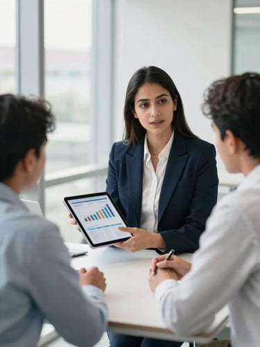 Medium-close shot of a professional female financial advisor explaining a financial layout on a tablet to a startup founder in a modern, sunlit Bengaluru office, clean architectural crop, natural window light.